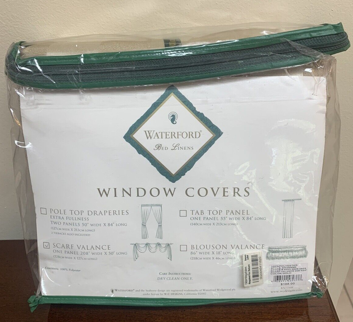 New – Waterford Window Covers – Scarf Valance ~ Gold ~ One Panel Fabric 208 x 50