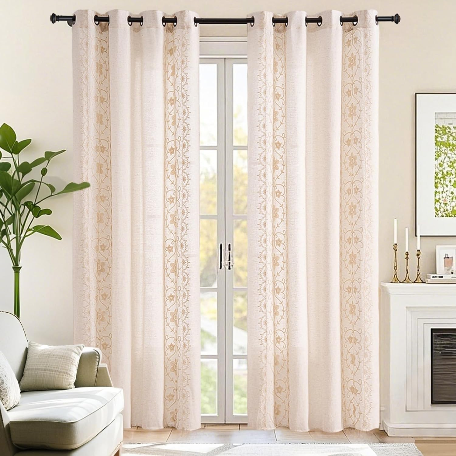 Boho Curtains 2 Panels for Living Room Ivory Vintage Floral Embroidered