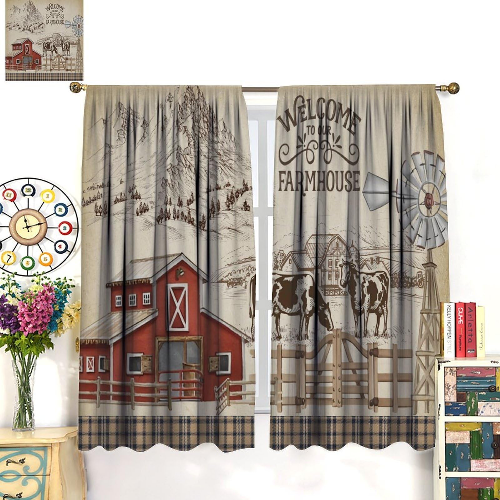 Rustic Farm Curtains, Vintage Farmhouse Cow Barn Windmill Checked Pattern Pri…
