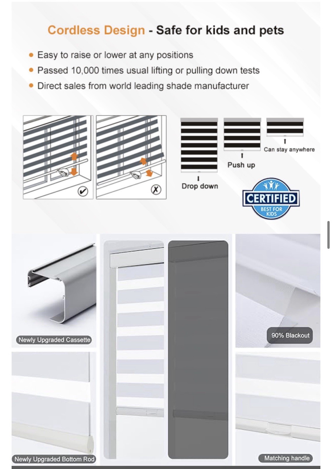 34×72 Cordless Zebra Roller Blinds White Blackout Window Shade