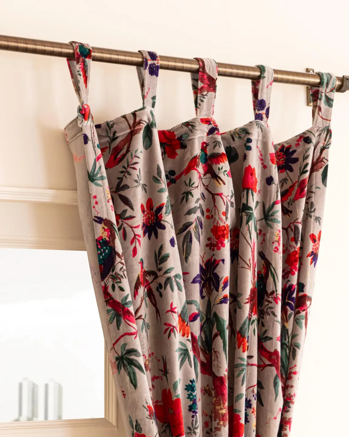 Gray Color Bird Print Velvet Curtain, Boho Curtain, luxury Drapes Window Curtain