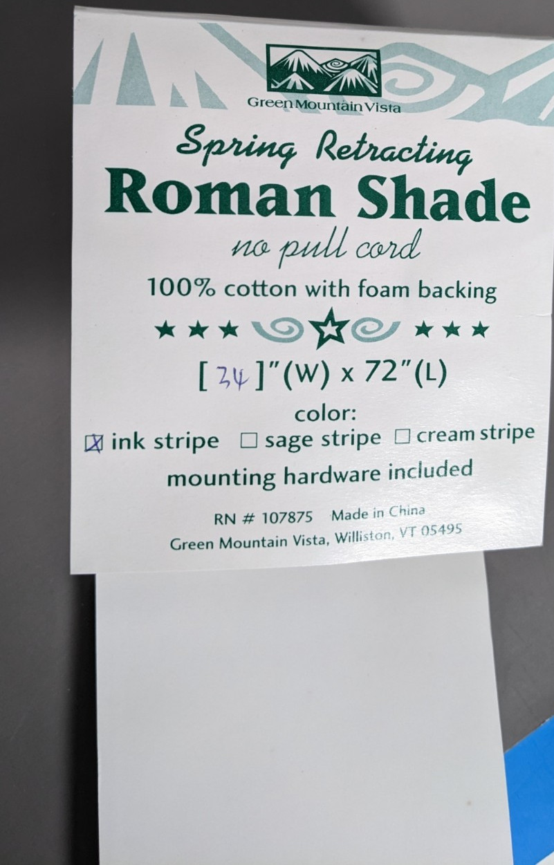 Spring Retracting Striped Roman Shade 34×72 Green Mountain Vista Blue, Green