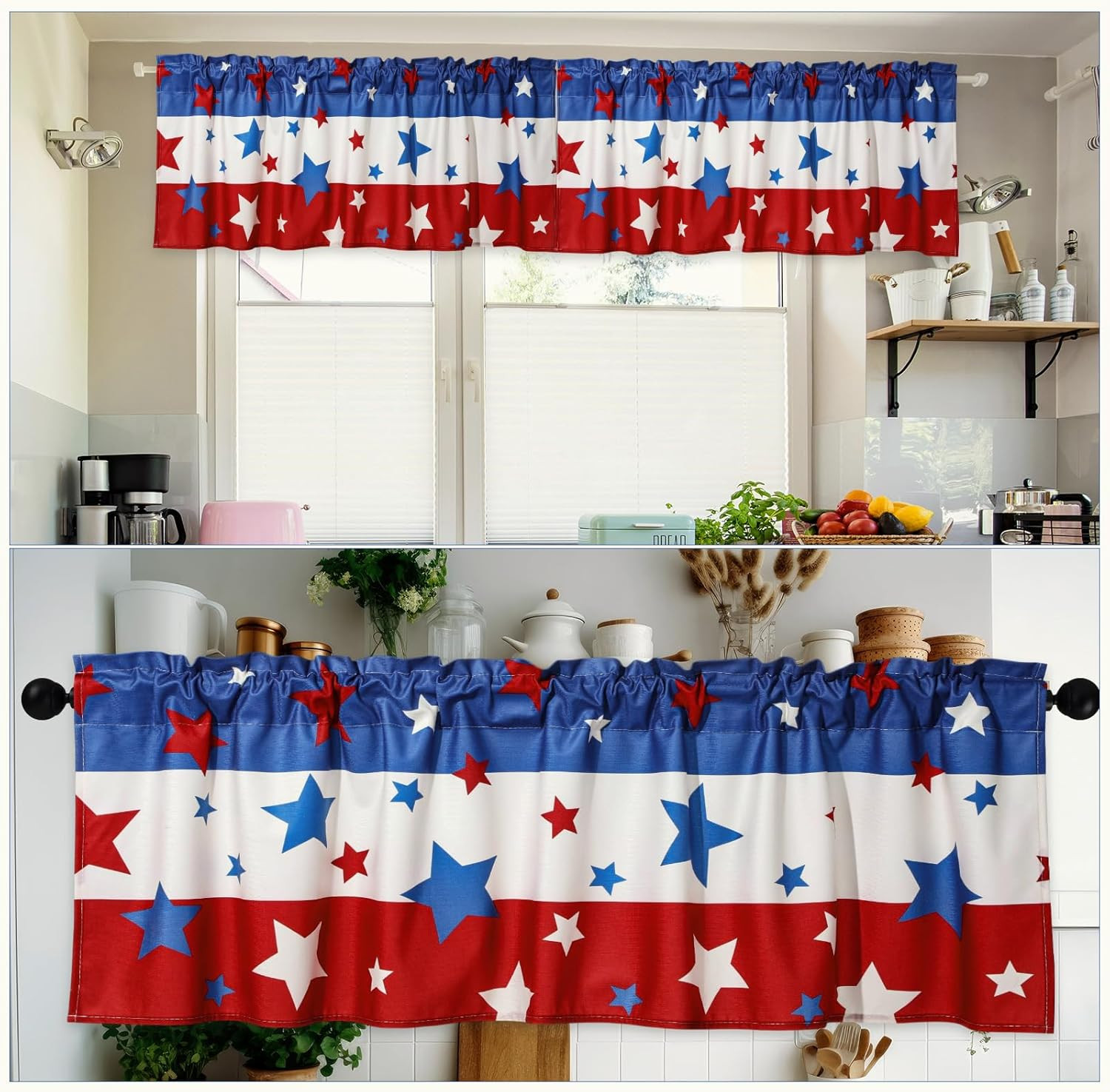 2 Pack Patriotic Curtain Valance for Windows Red White and Blue Star Short Curta