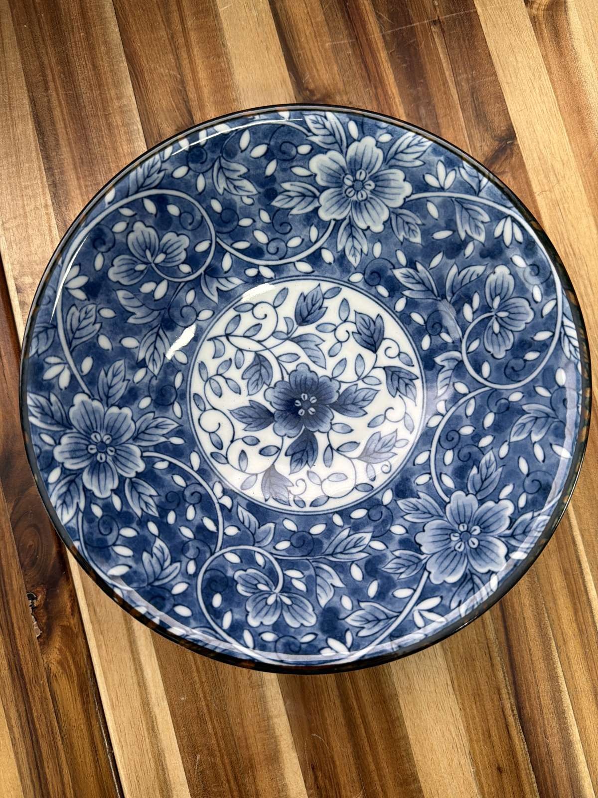 Vintage Blue White Floral Porcelain Serving Bowl Made in Japan 8.5″