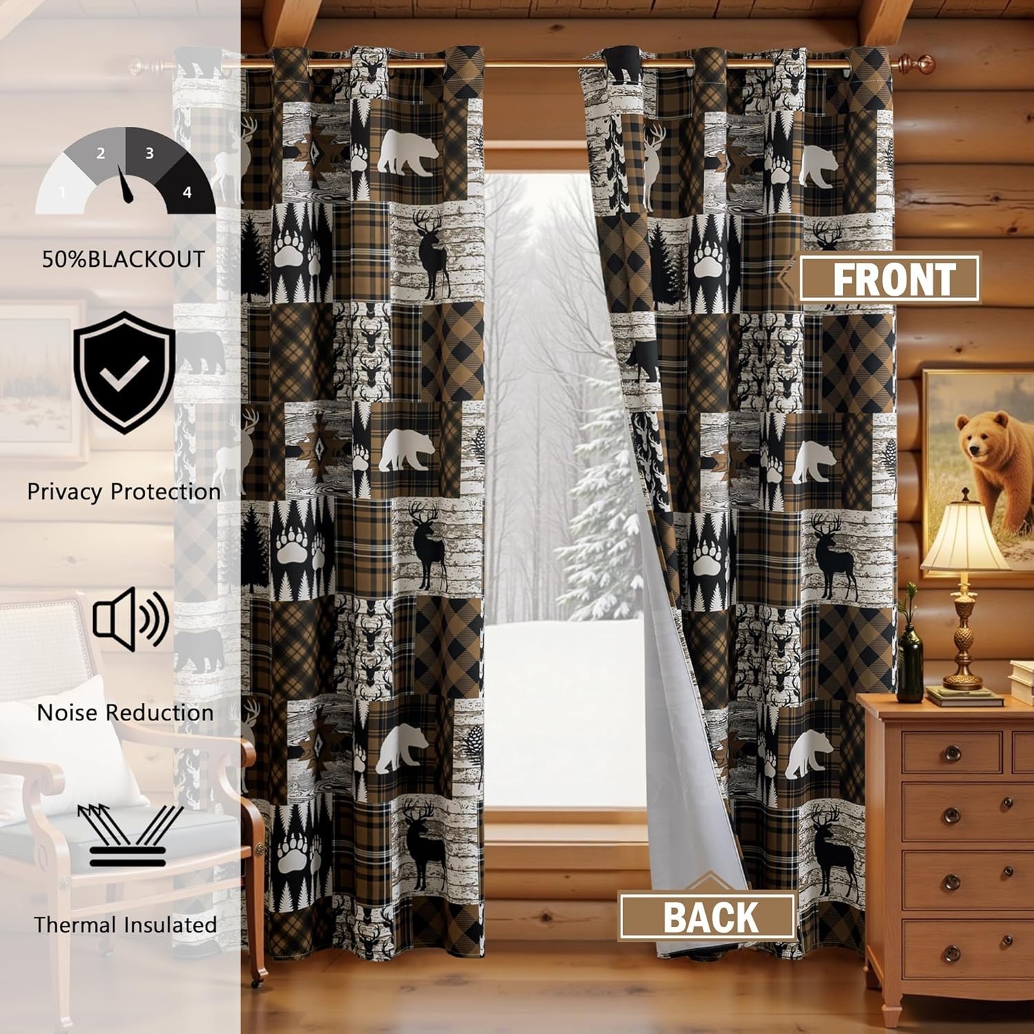 Brown Rustic Cabin Curtains 2 Panels Country Style Curtain 50% Light Blocking…
