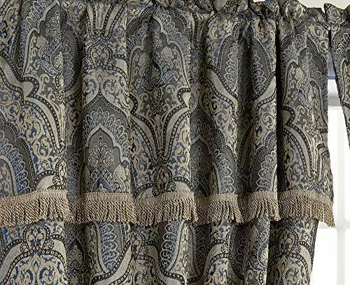 4pc Blue Gold Silver Gray Medallion Curtains Panels Drapes 84 in Valance Tassels