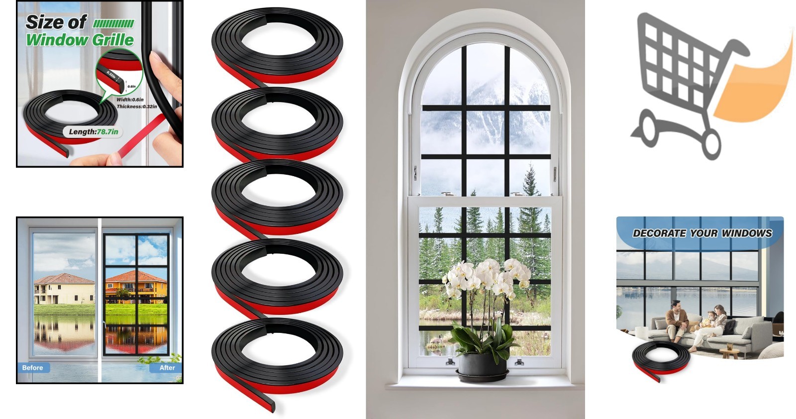 5 PCS Window Grid Kit PVC Black Peel and Stick DIY Window Grille Inserts