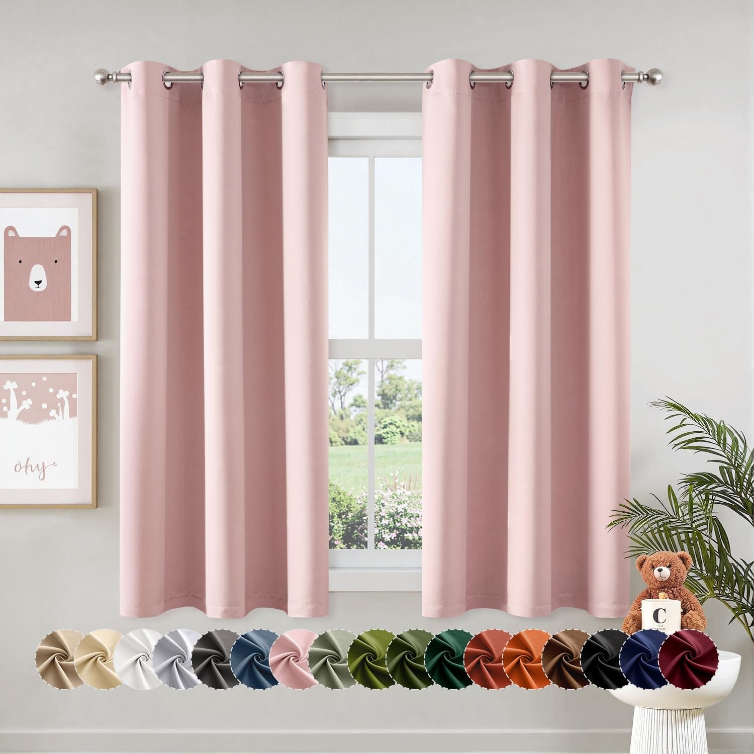 Blackout Drapes 40×63 Inch, Noise Reducing Curtains, Solid Grommet, Pink