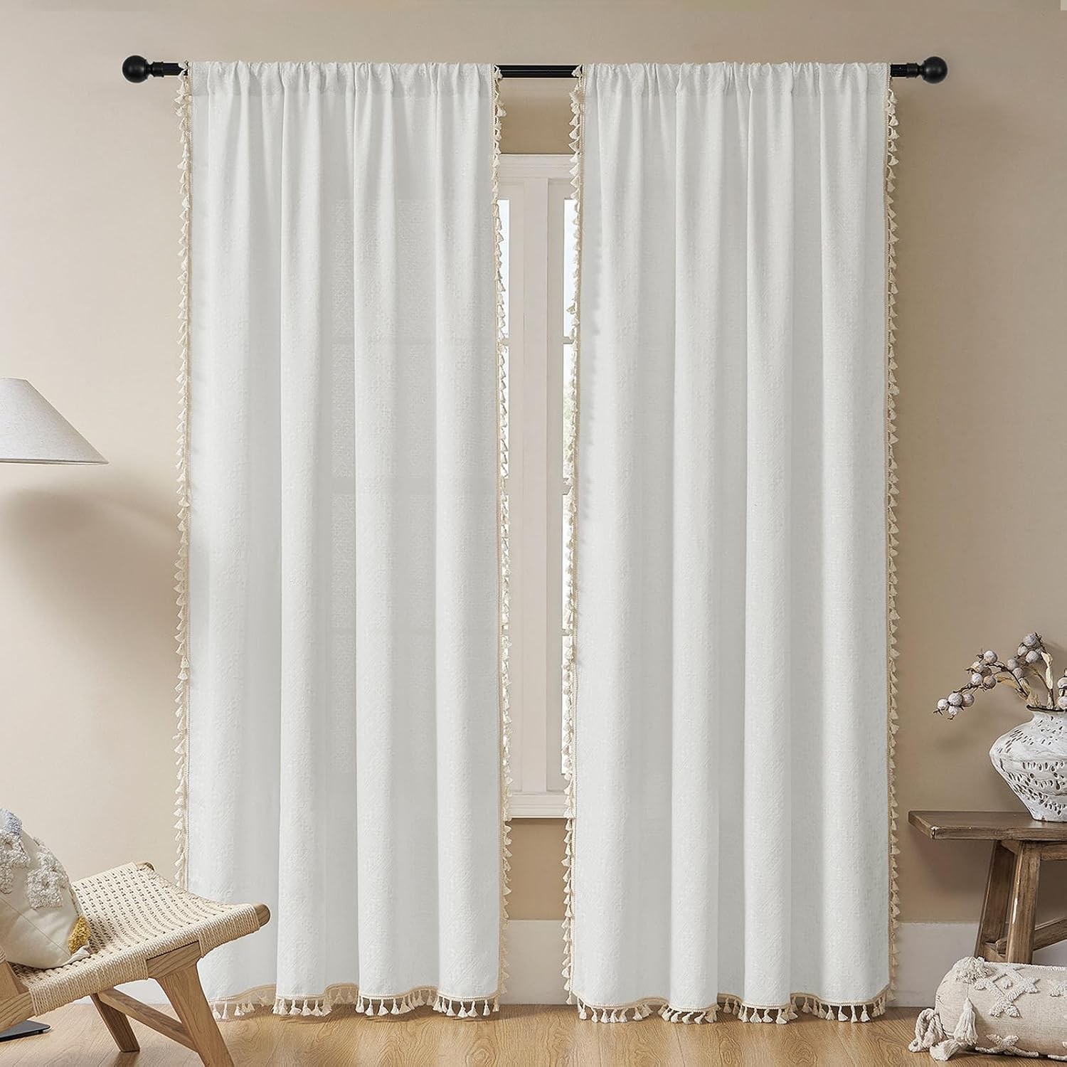 White Boho Curtains 63 Inch Length 2 Panels Super Soft Bohemian Farmhouse