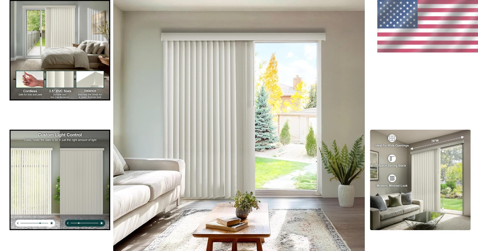 Vinyl Vertical Blinds | Cordless Blackout Patio Door Shades | 78″W x 84″H