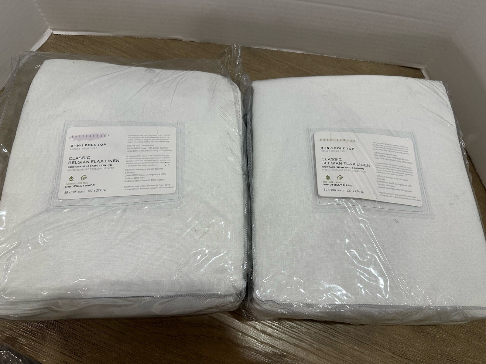 Pottery Barn 2 Belgian Flax Drapes blackout 50×108″ white