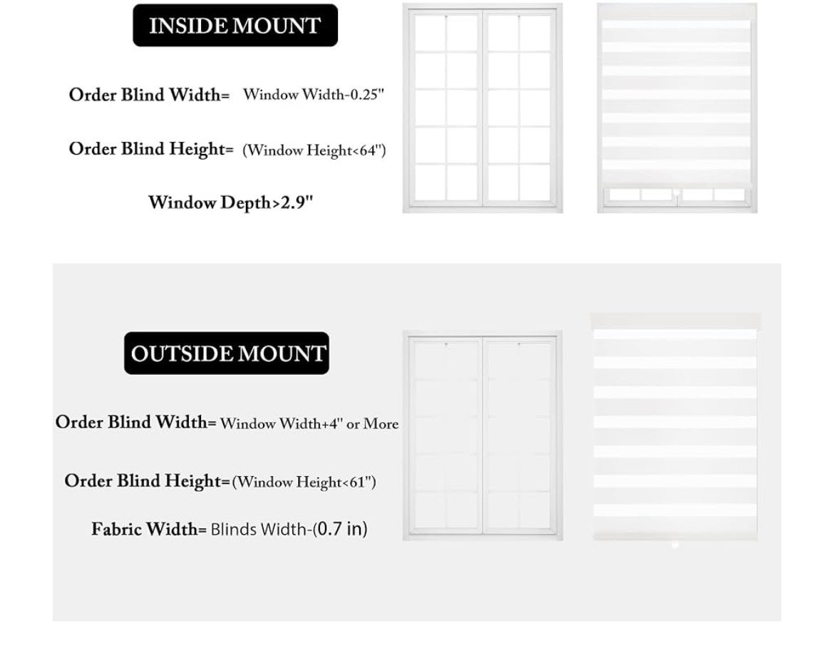 Cordless Window Roller Shades Free-Stop Dual Layer Zebra Blinds-White- 29”W 64”H