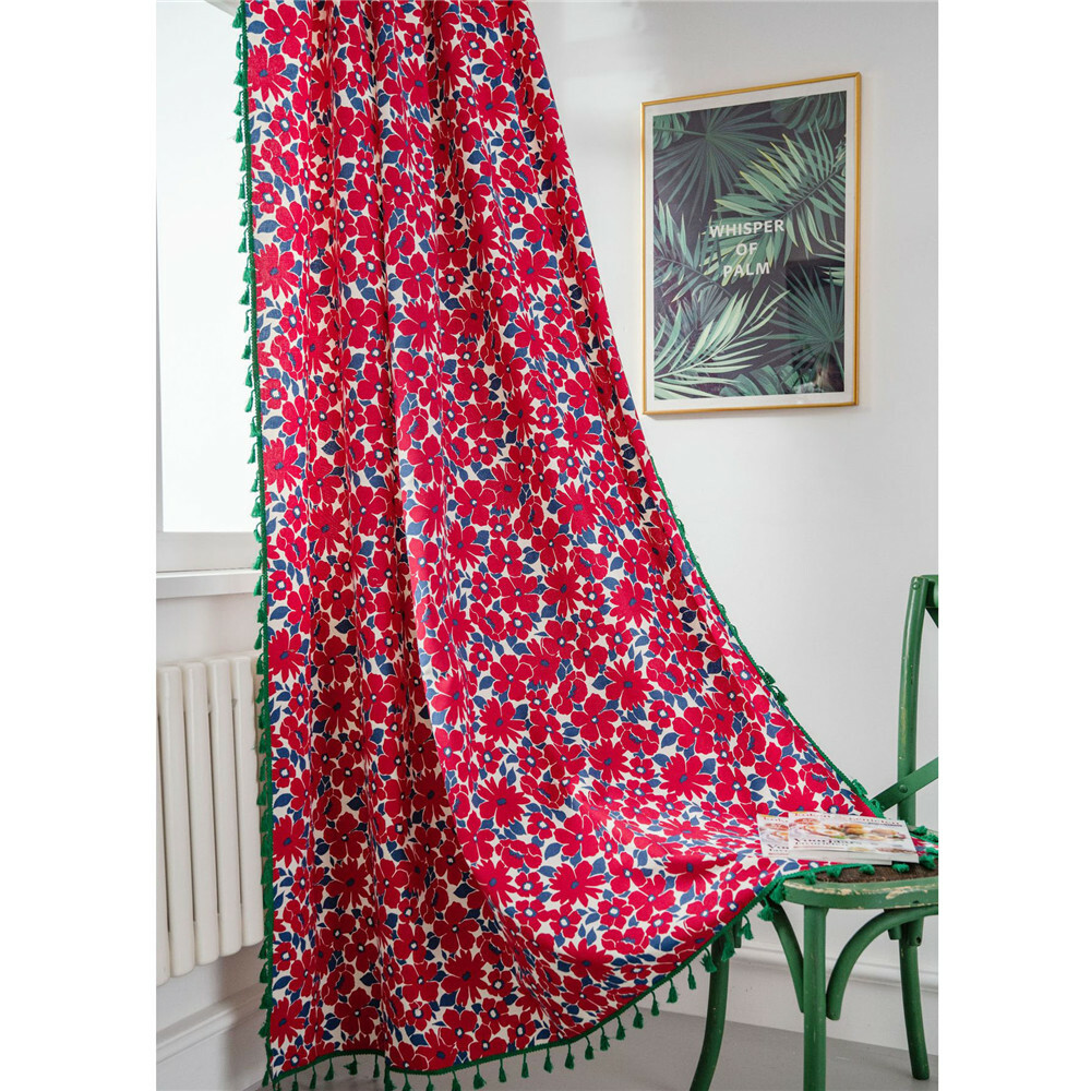 Flower Print Curtain For Living Room Beadroom Tassel Window Drape