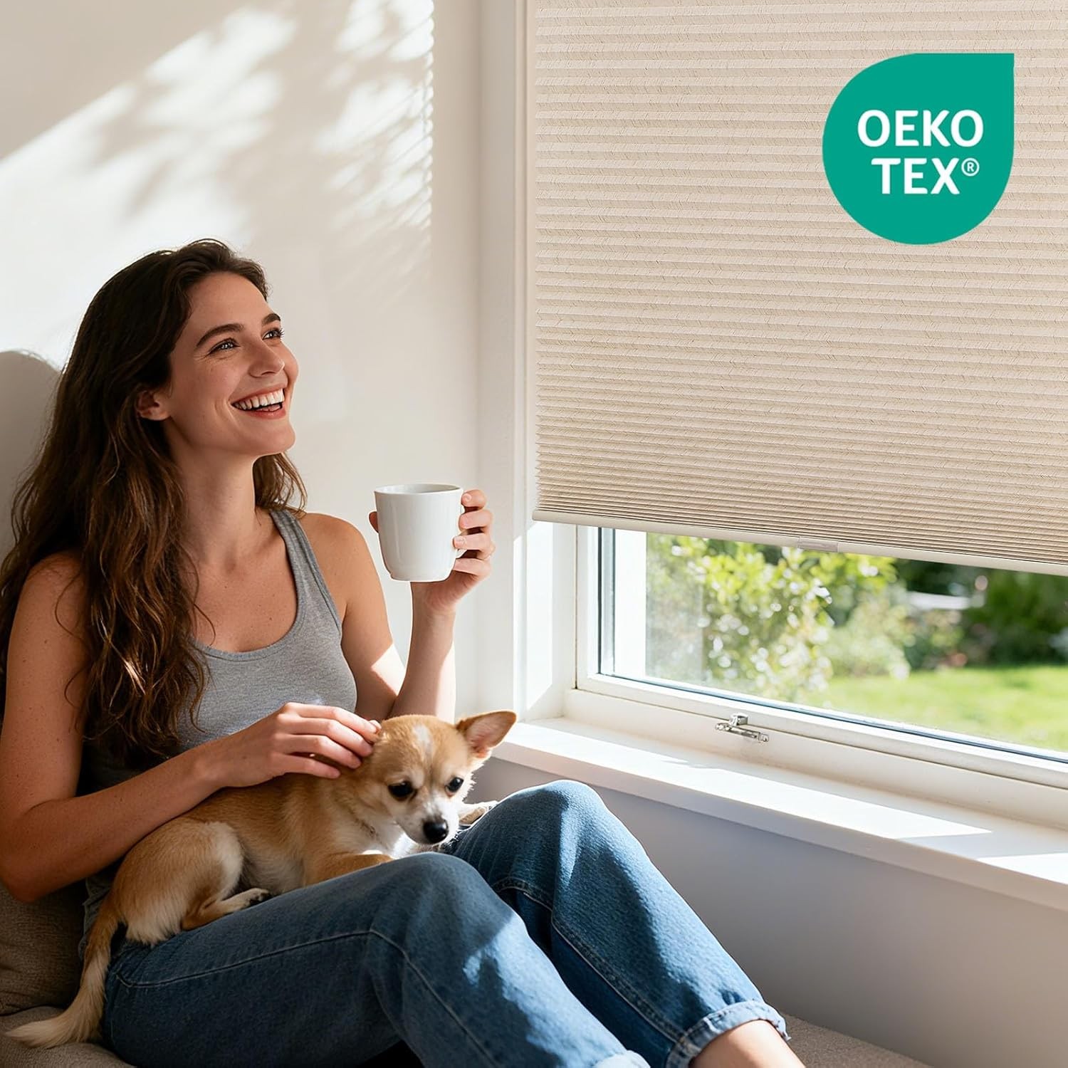 No Drill Linen Cellular Blinds for Indoor Windows, Light Filtering Cordless