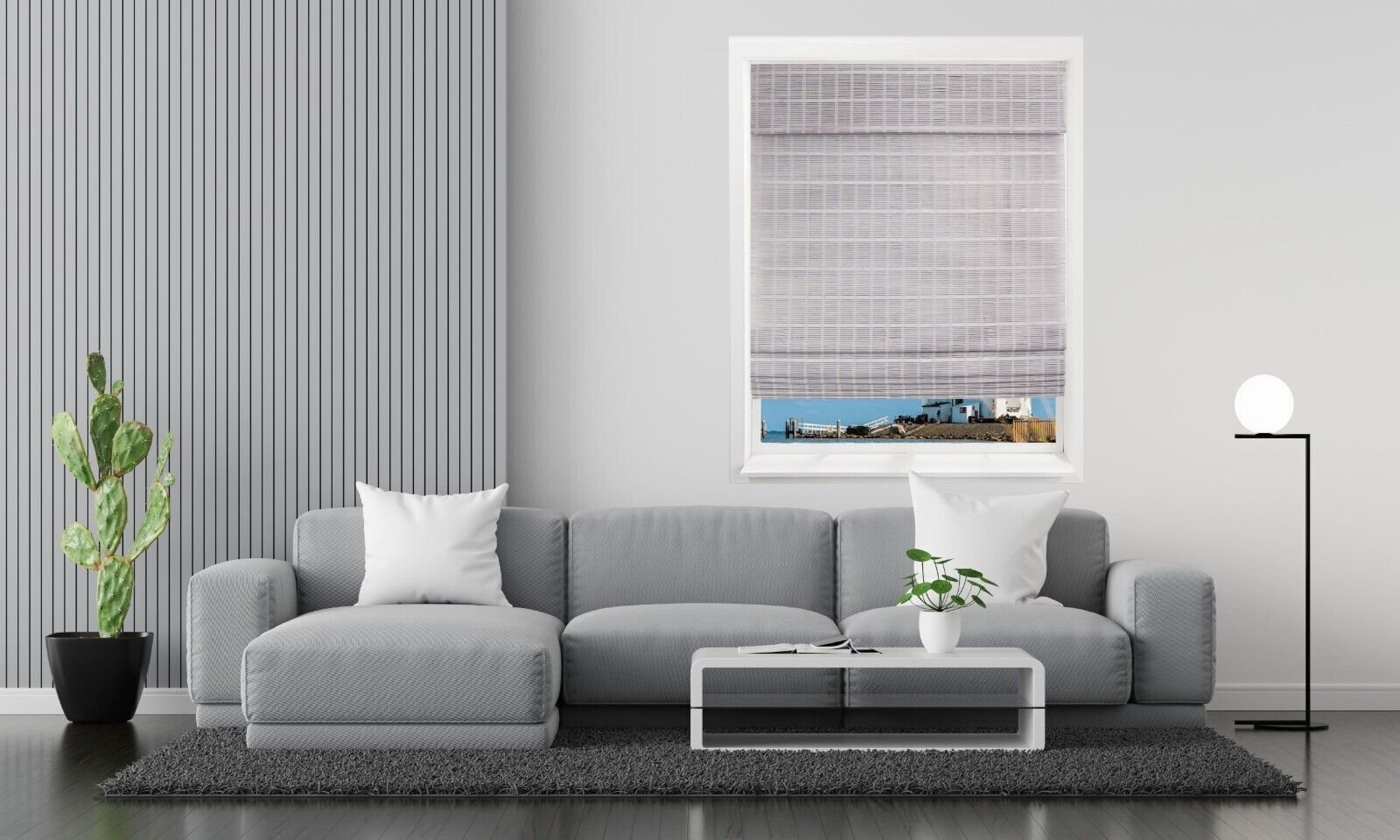 Cordless Light Filtering Bamboo Roman Window Blind Sun Shade with Valance – Gray