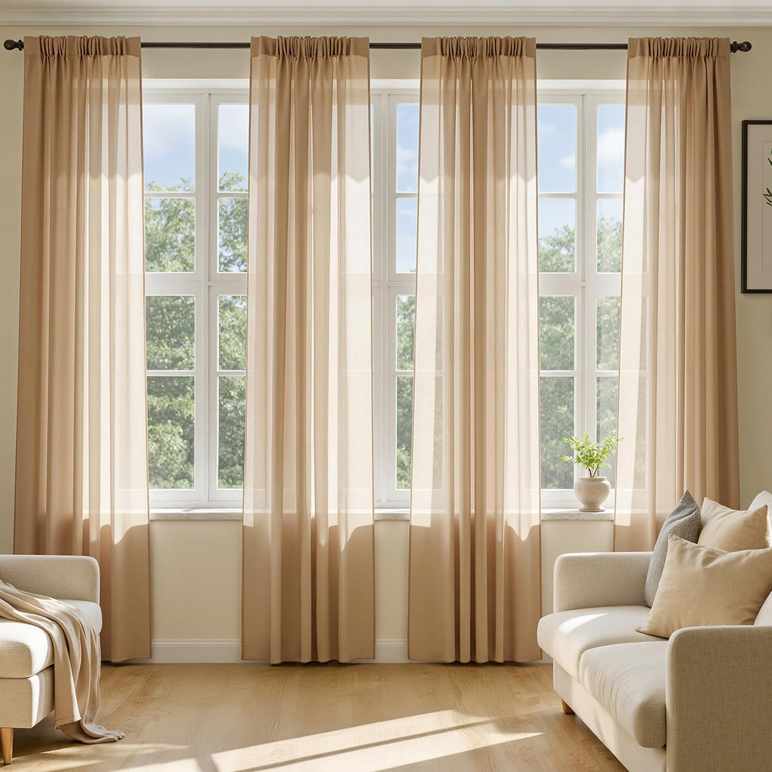 MIULEE Brown Sheer Curtains 63 Inches Long, 4 Panels Set, Rod Pocket Voile Drape