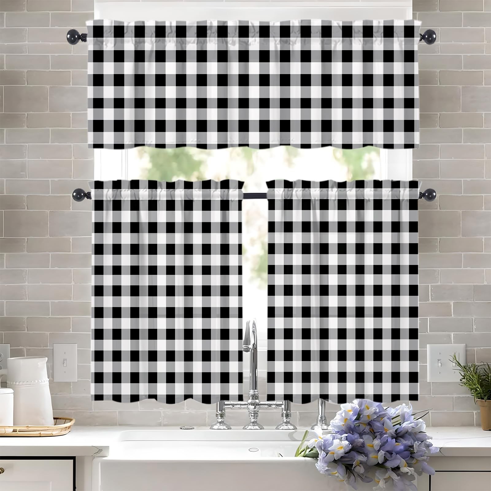 WTQPLNMCB Black and White Buffalo Plaid Kitchen Curtains and Valances Set – B…