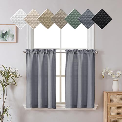 2 Panels Kitchen Curtains 36 Inch Length Tier Curtains, 30 x 36 inch Dark Grey