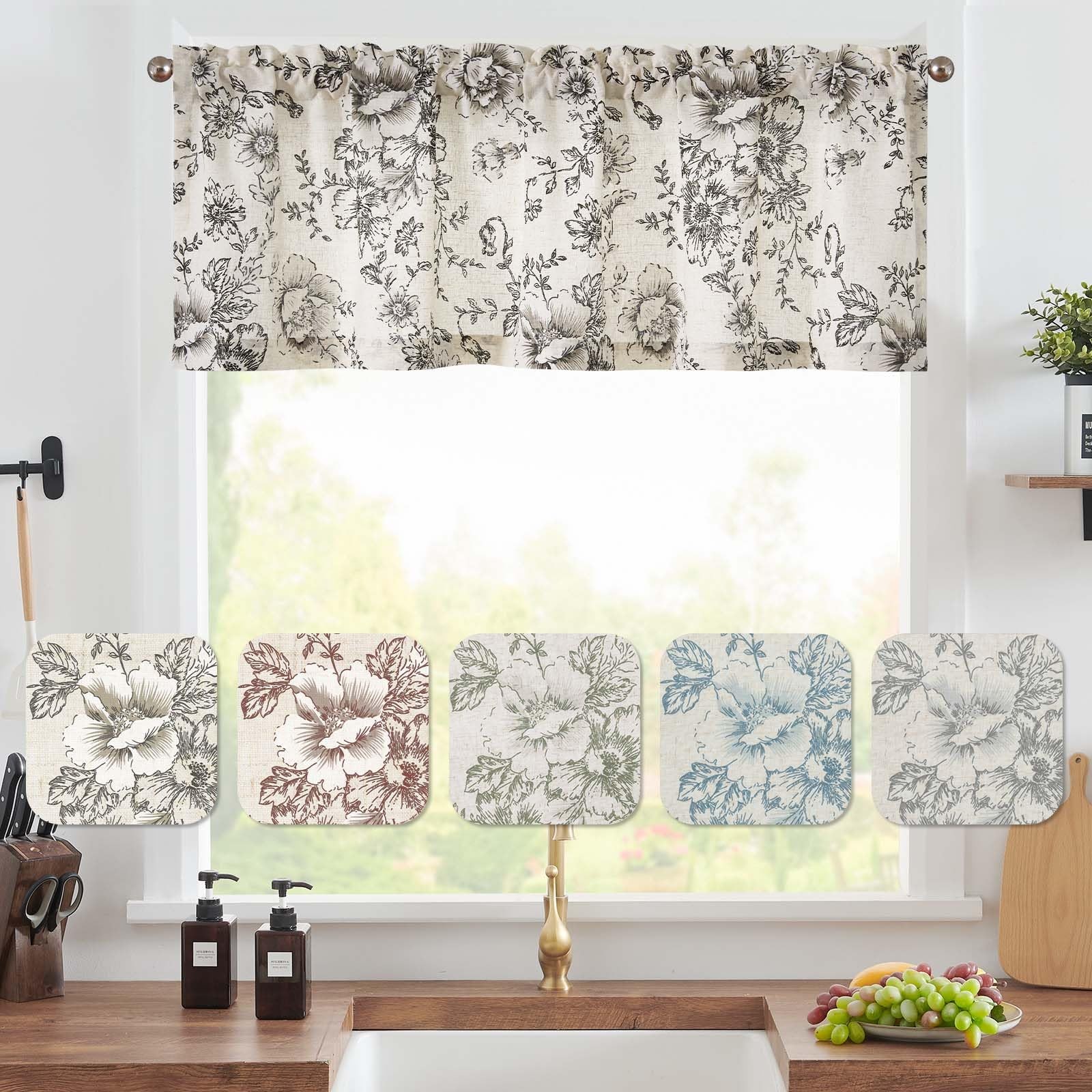 Linen Valance Curtain Farmhouse Black Floral Window Valance for Bedroom, 16 I…