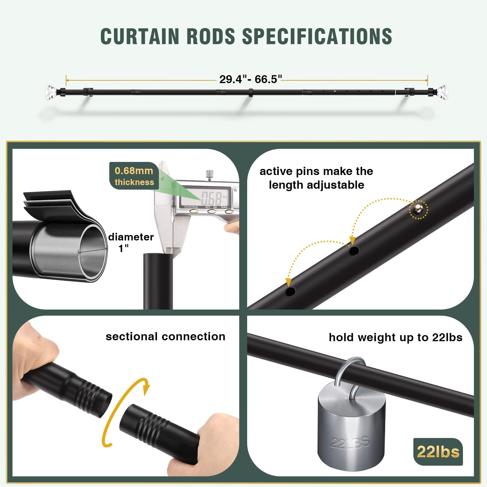 Lepushom 1 Pack Curtain Rods For Windows 30 To 68 Inches2.5-5.7 Feet 1 Inch