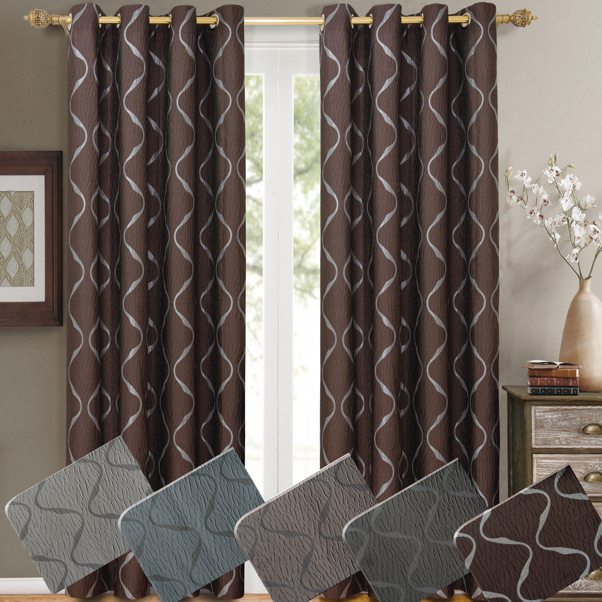 Laguna Jacquard Grommet Elegant and Contemporary Swirl Window Panels (Pair)