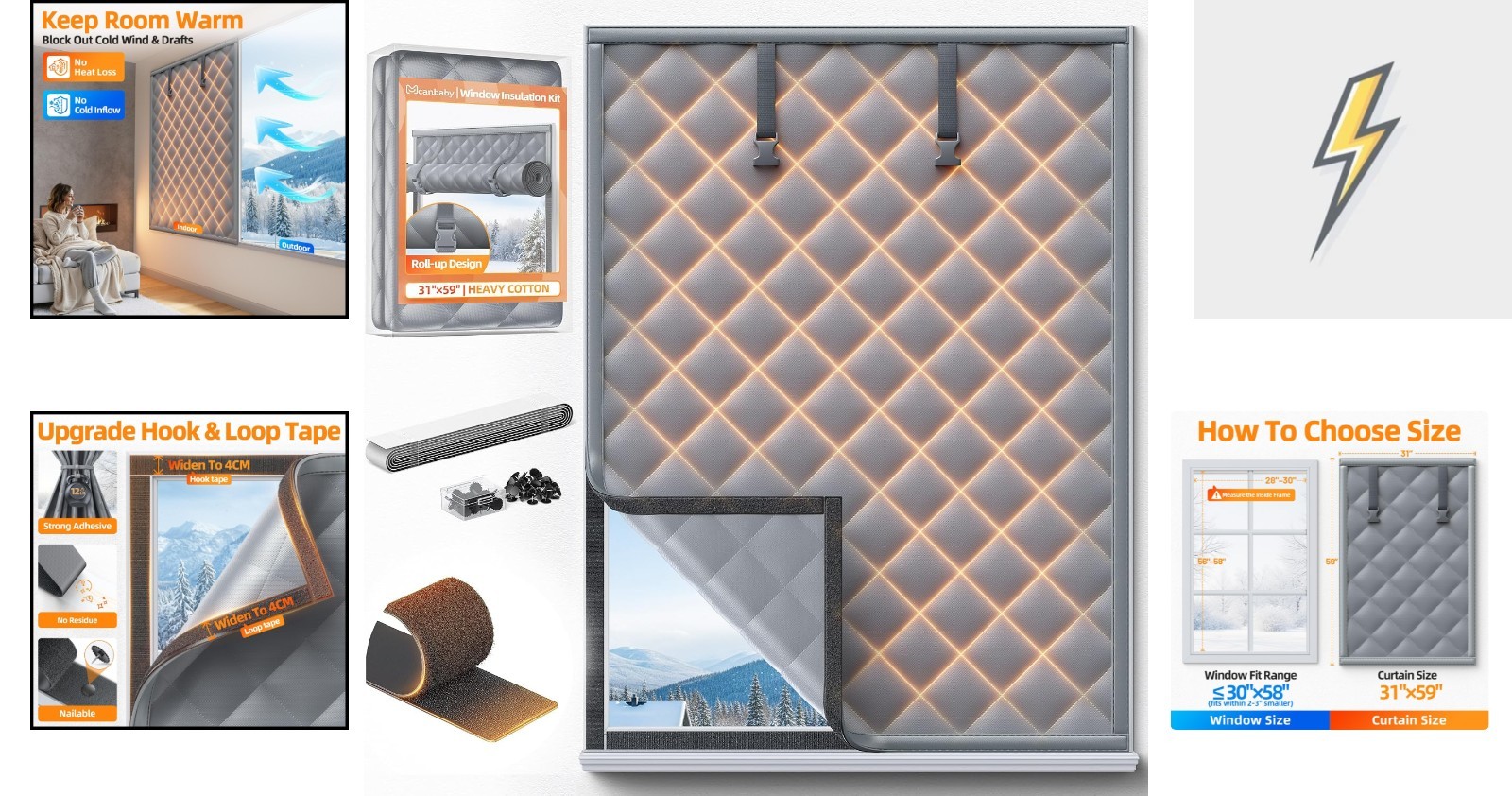Window Insulation Kit 31×59 Inches Cotton Waterproof Oxford Draft Blocker Gray
