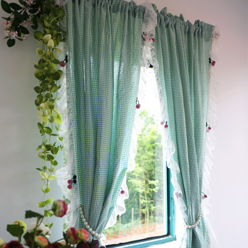 1 Panel Lace Checked Curtains Balcony Short Curtain Rod Pocket Light Filtering