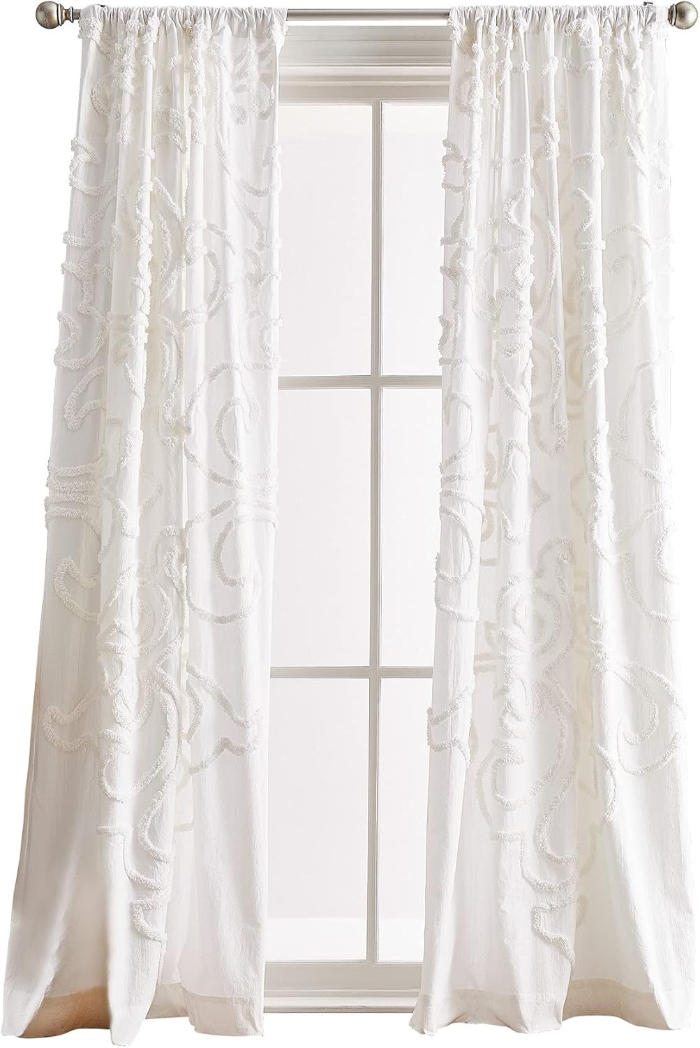 Boho Chic Winter White Curtain Panels, 108″, Chenille Cotton