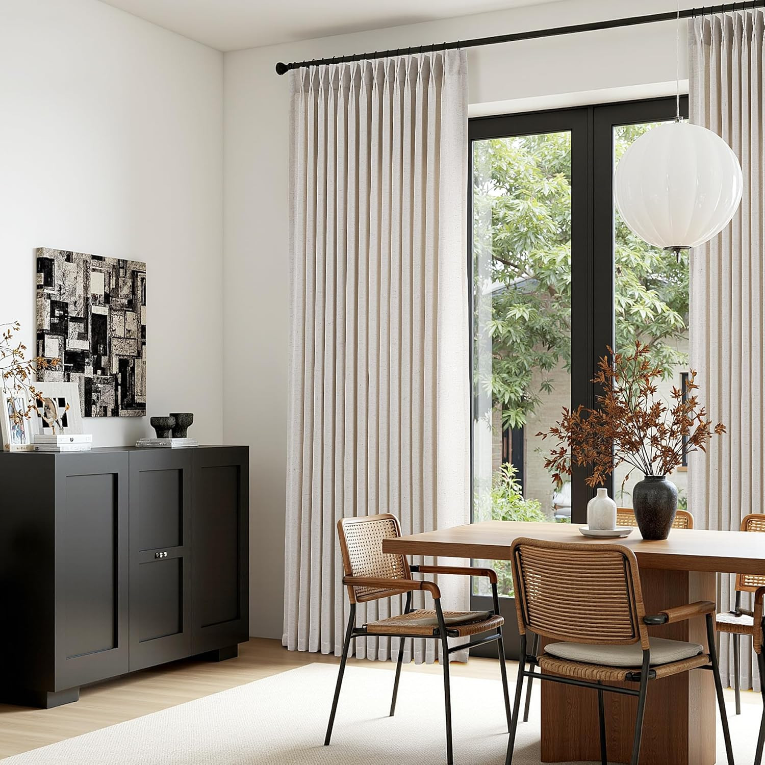 Luxury Beige Pinch Pleated Linen Curtains for Sliding Doors – 2 Panels Set