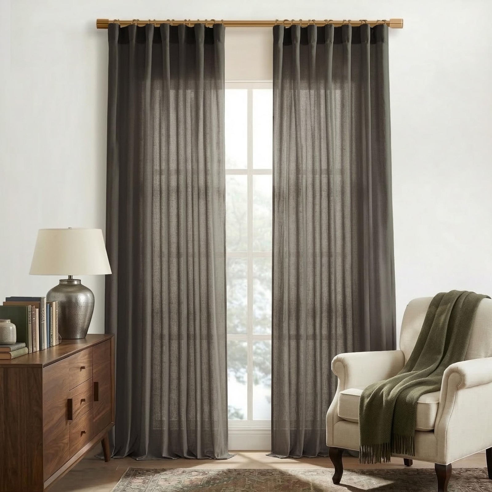Chocolate Brown Curtains 96 Inches Long 2 Panel Set,Sheer Linen Pleated Back Tab