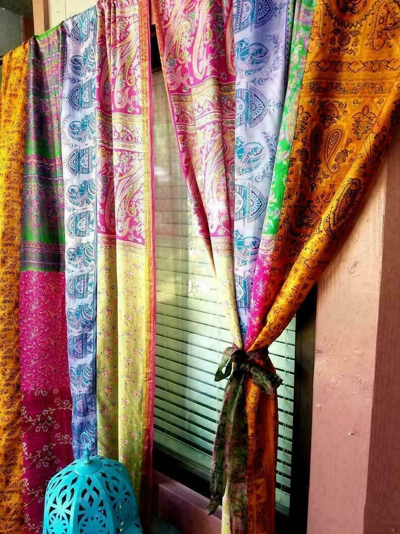 2 Pcs Indian Sari Patchwork Curtain Drape Window Decor Multi Silk Sari Curtain