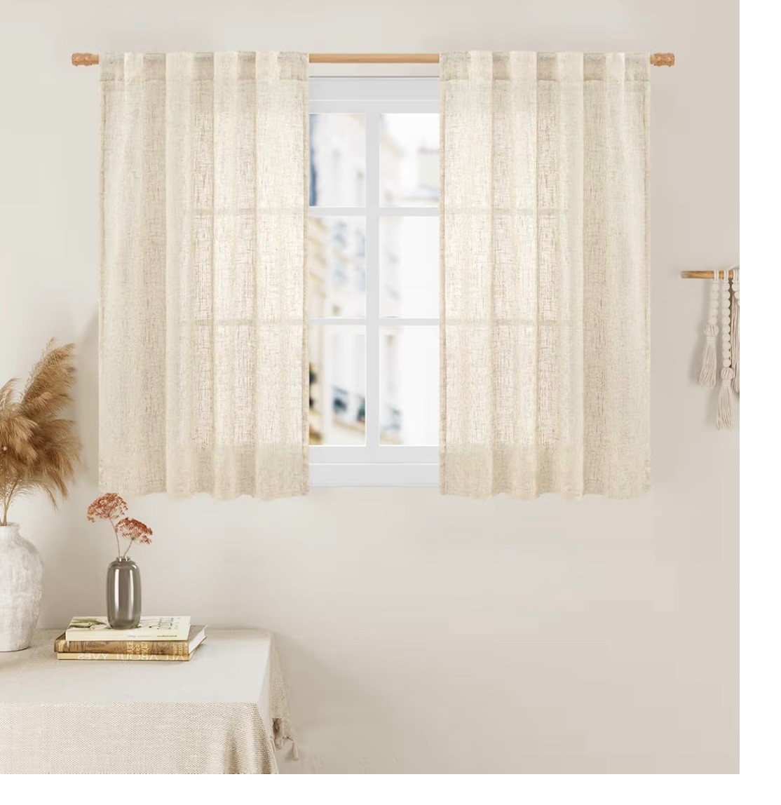 LAMIT Linen Window Curtains 2 Panels Beige Semi Sheer 30×25 Short Tier Set NEW