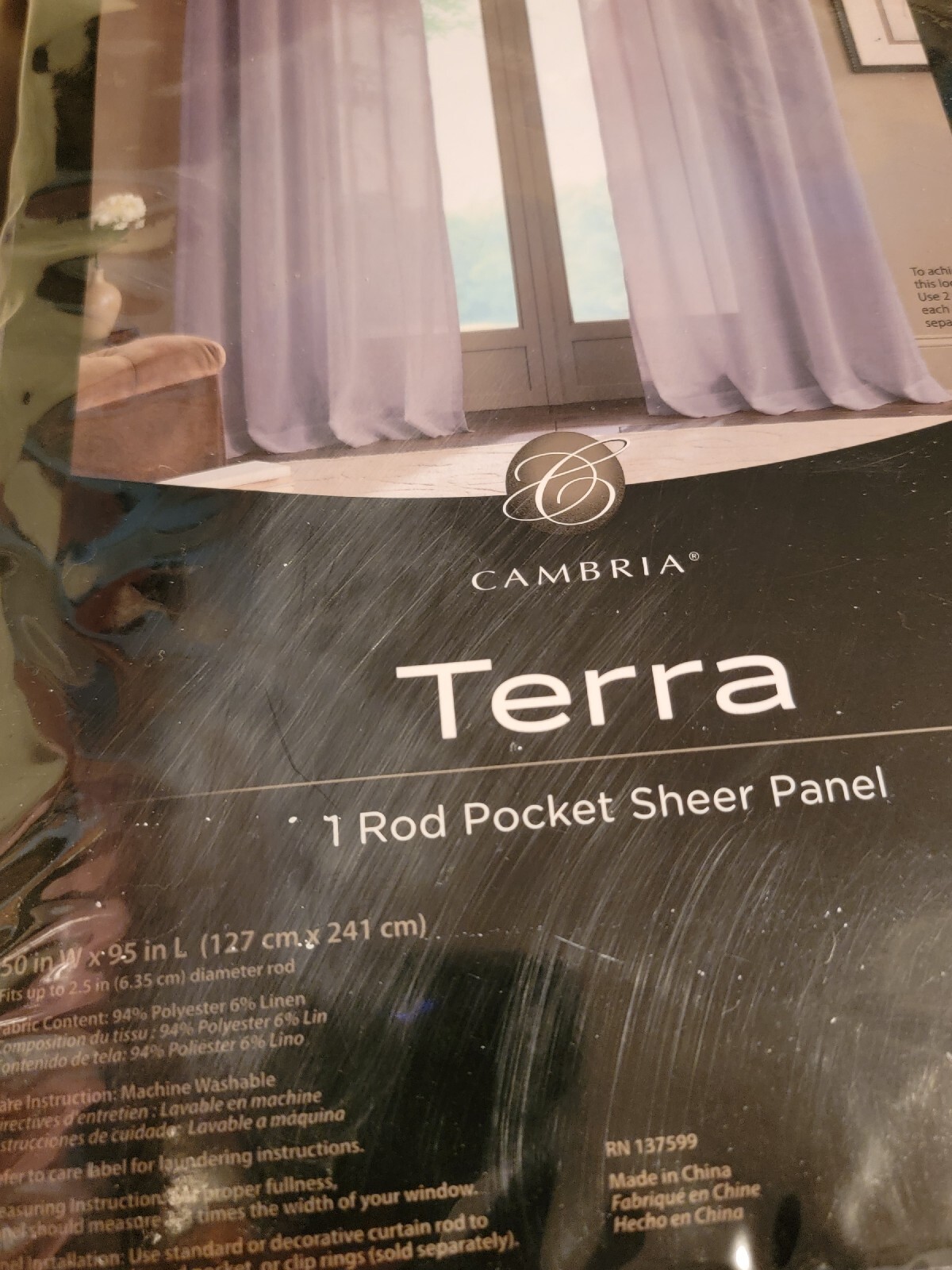 Cambria One Rod Pocket Sheer Panel 95 Inch length