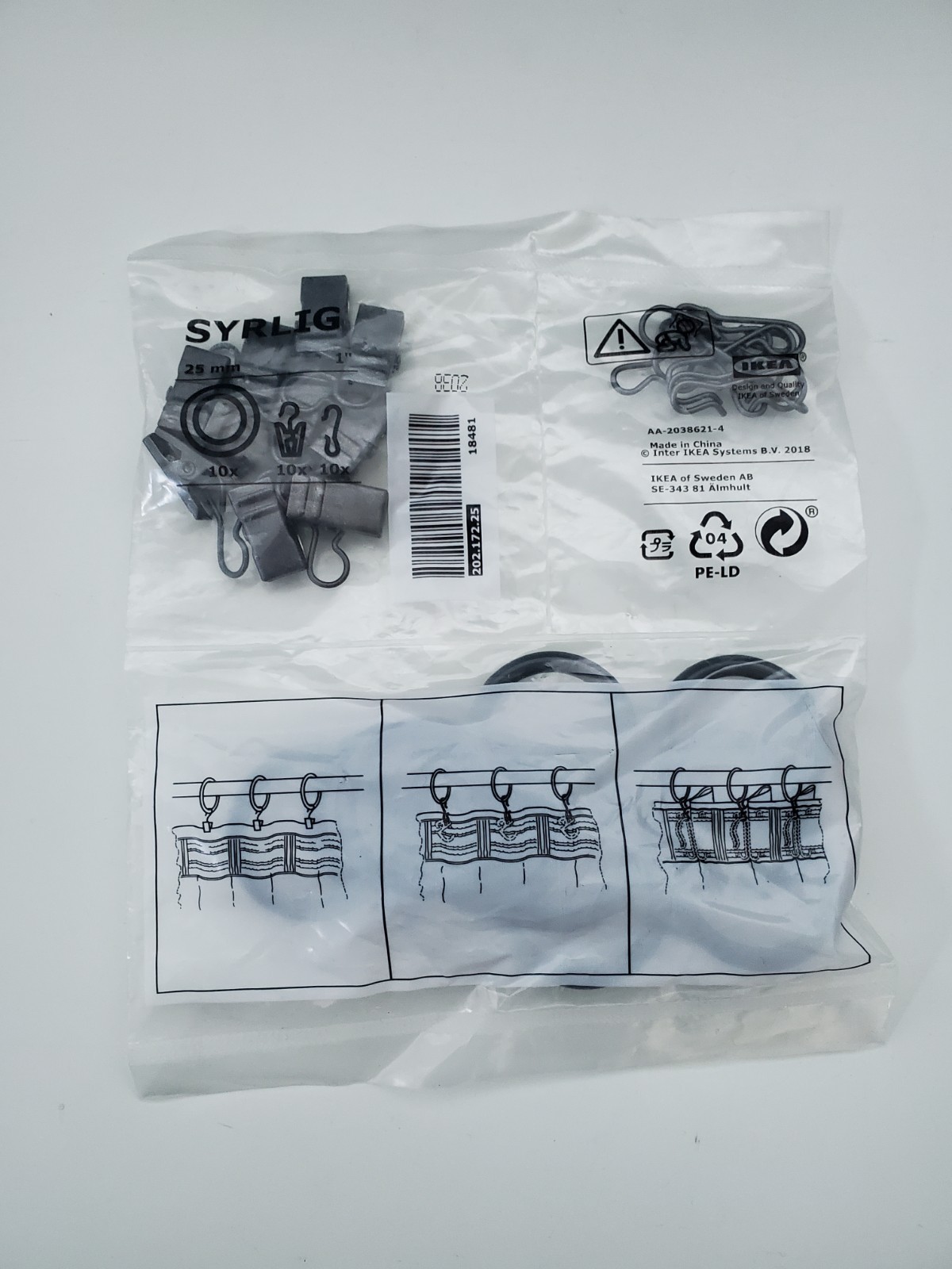 IKEA SYRLIG Gray Metal Curtain Rings w/ Clips & Hooks 202.172.25