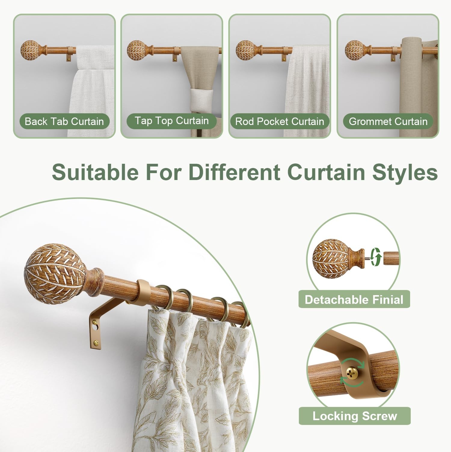 QDWIS Wood Curtain Rods for Windows 66 to 120 36” – 120”, Natural