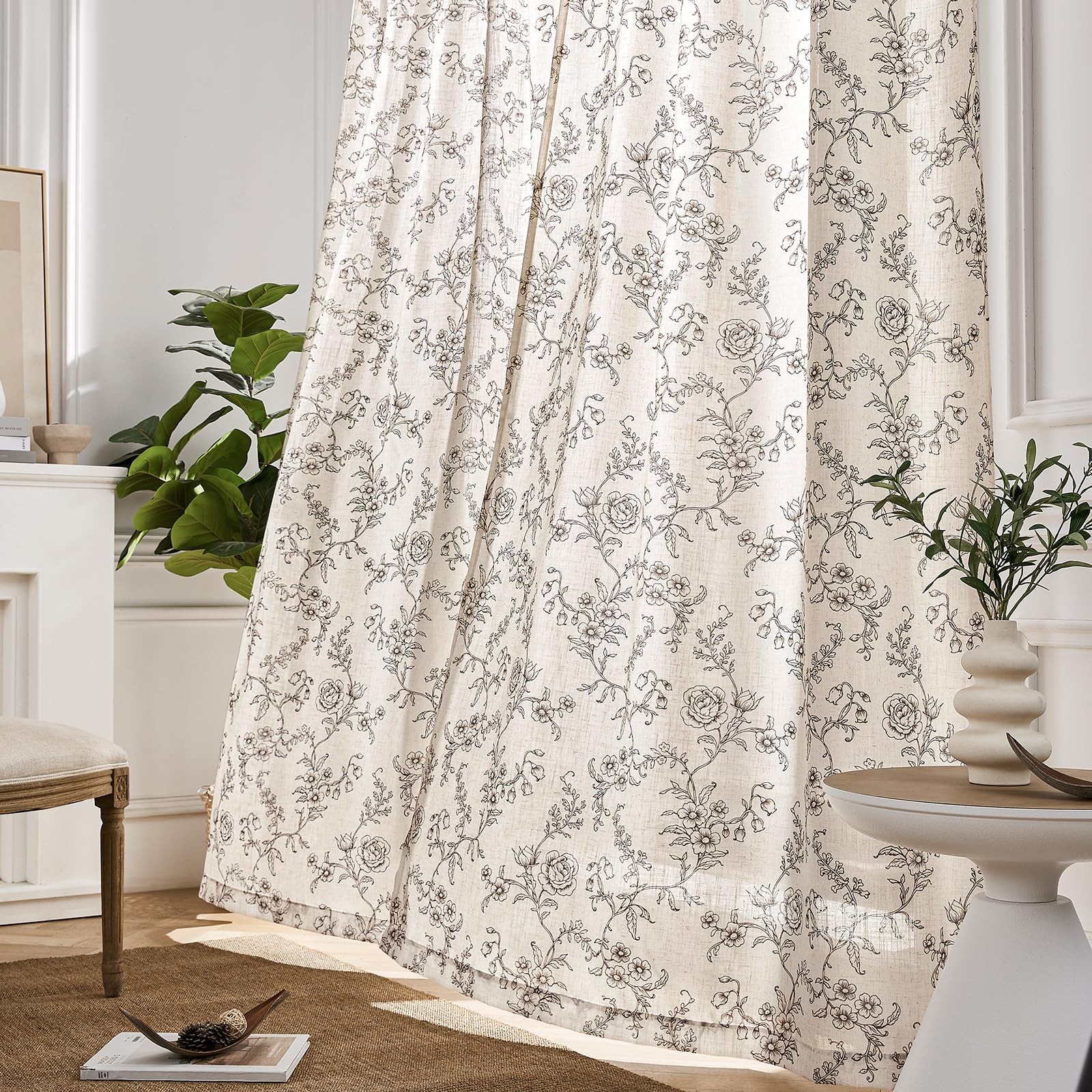 Floral Linen Curtains, Vintage French Country Curtain Drapes, Light Filtering…