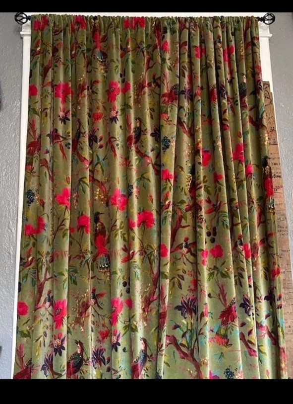 Boho Vintage Style Cotton Velvet Sage/Olive Green Bird Print Curtain – 4 Piece