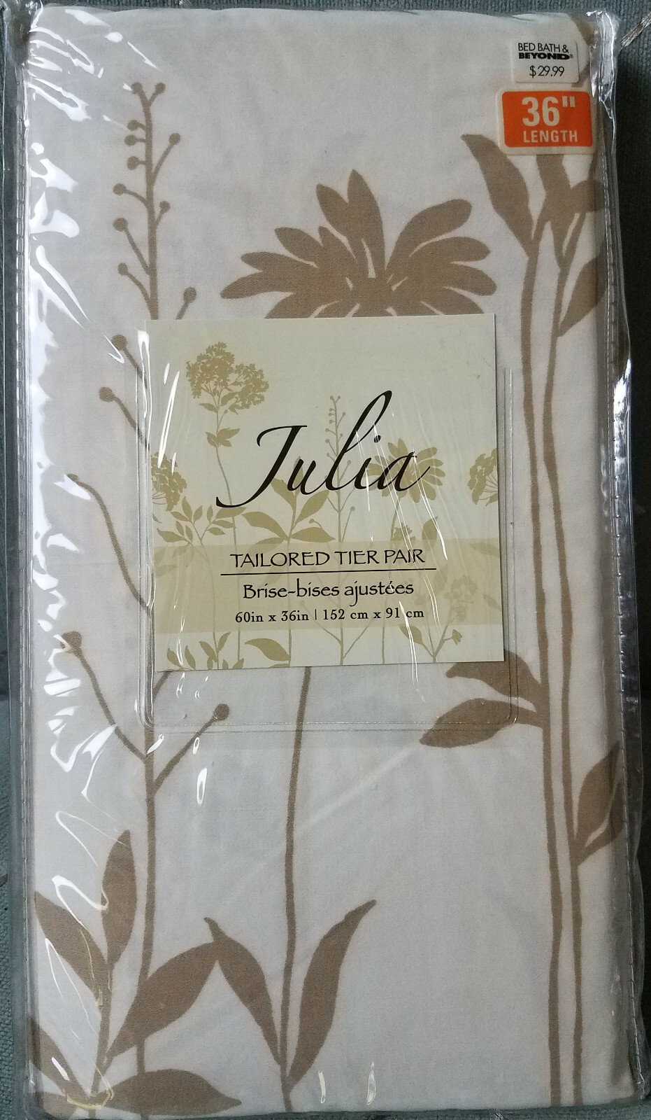 Julia Ivory/Tan Contemporary Engineered Floral Tailored Cafe/Tier Pair 60″x36″