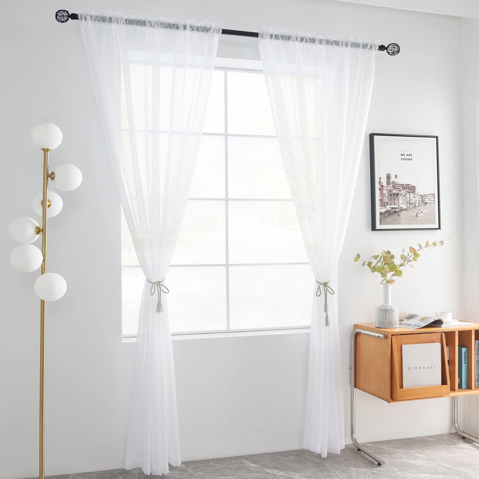Solid Sheer Rod Pocket Curtain Voile Draperies 2 Panels White Beige Black Gre…