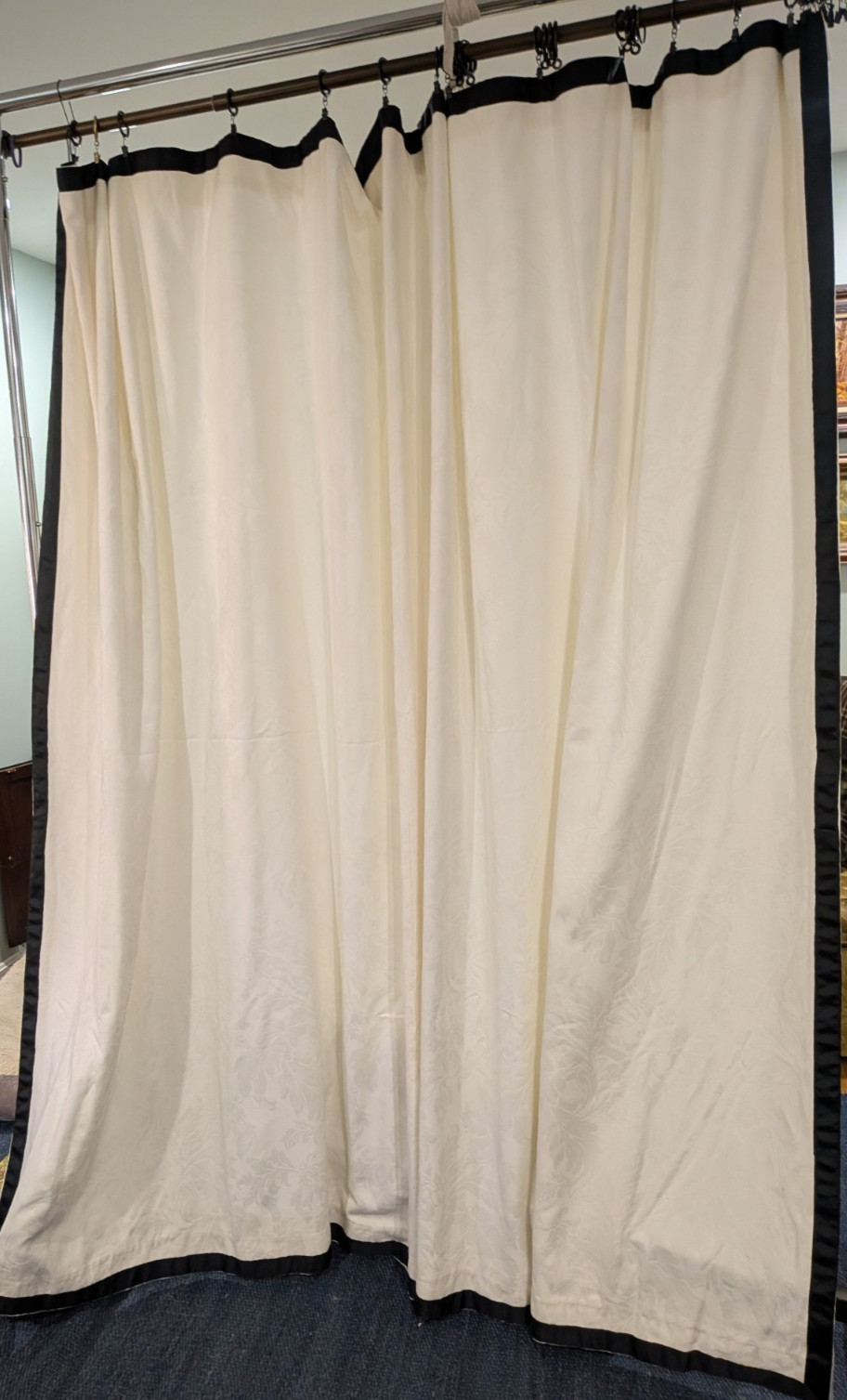 1 pair/2 panels White Jacquard Drapes Black Ribbon Border each panel 109″Wx 81″L