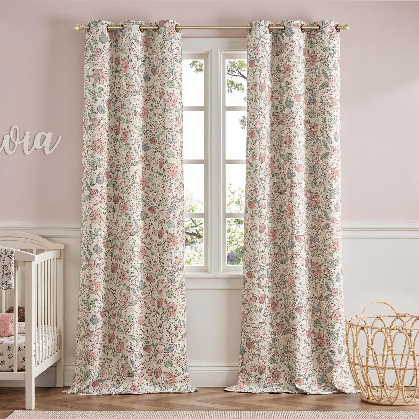 Nursery Curtains 95% Blackout Pink 96 Inch Long Floral Curtains for Girls Roo…