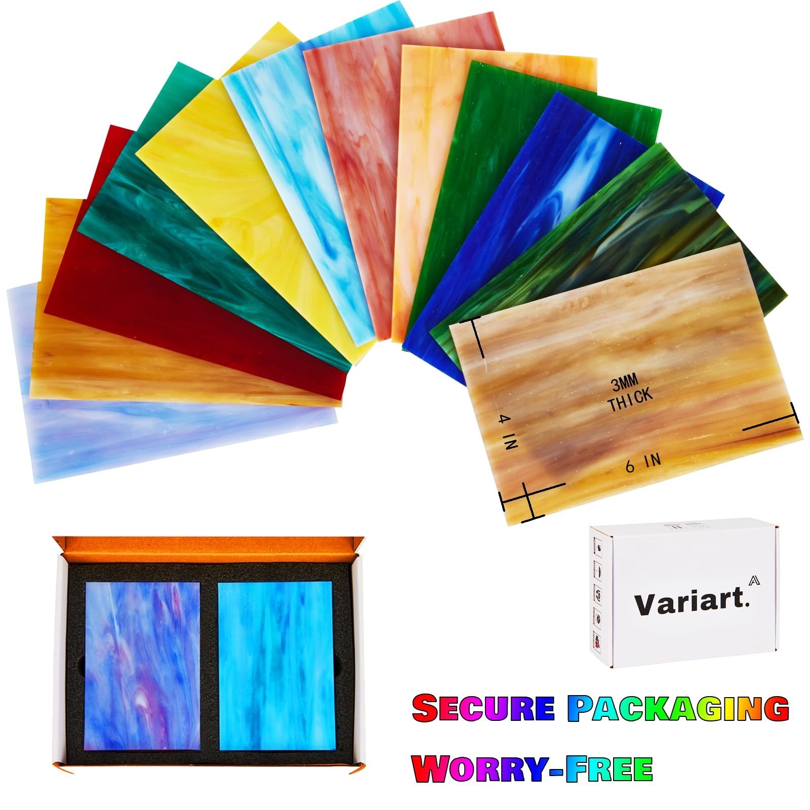 VARIART 12-Sheet Stained Glass Pack | 4×6 Inch Assorted Cathedral Art Glass f…