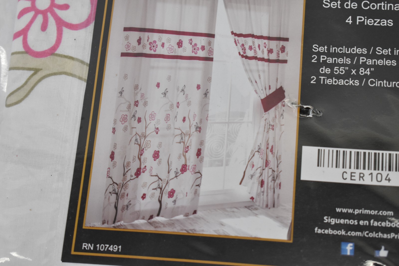 Primor Cerezo 4 Piece Curtain Set 2 Panels 55″ x 84″ 2 Tiebacks CER104
