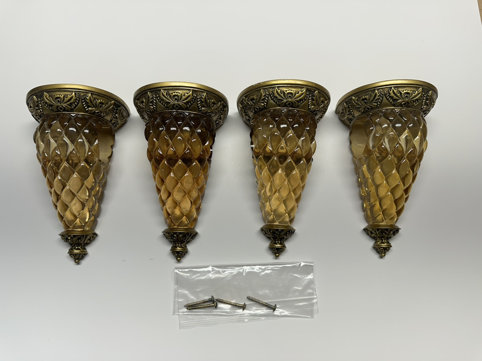 SET OF 4 AMBER ACRYLIC WALL-MOUNTED DRAPERY CURTAIN ROD SCONCES Vintage