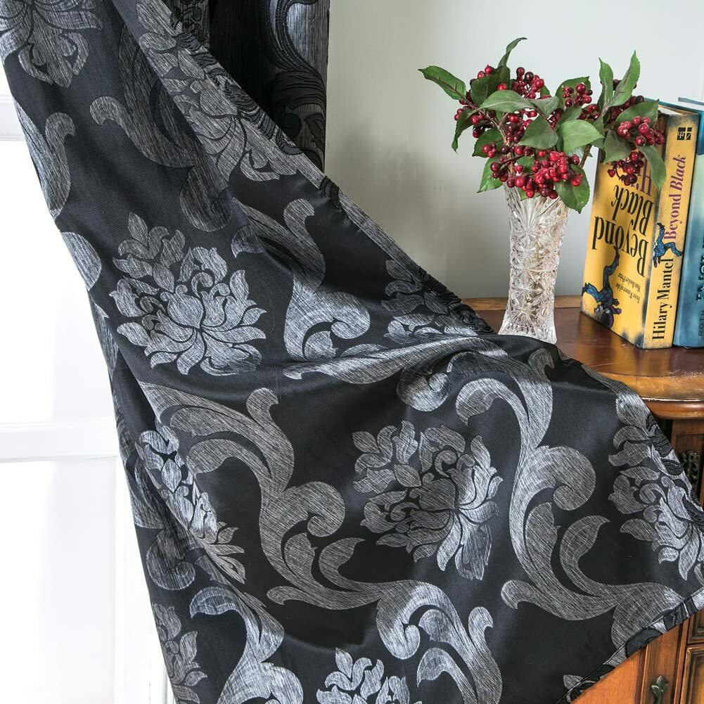 Set 2 Black Damask Elegant Curtains Panels Drapes Pair 84 96 108 in L Darkening