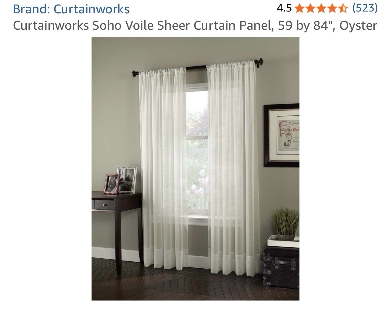Curtainworks Soho Voile sheer rod pocket pole top curtain panel 59 x 84in