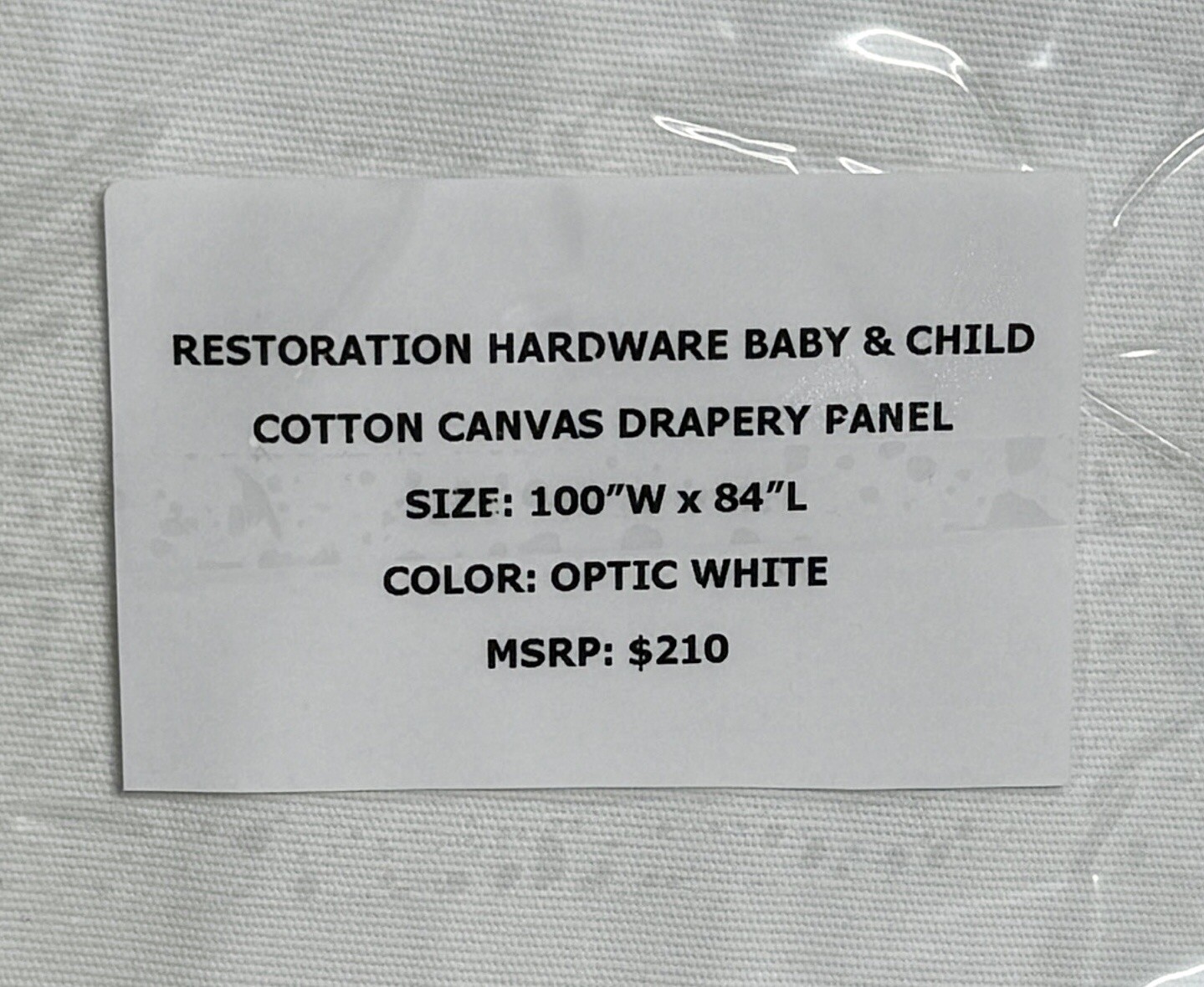 Restoration Hardware Cotton Canvas Drapery RP 100″W x 84″L Optic White $210