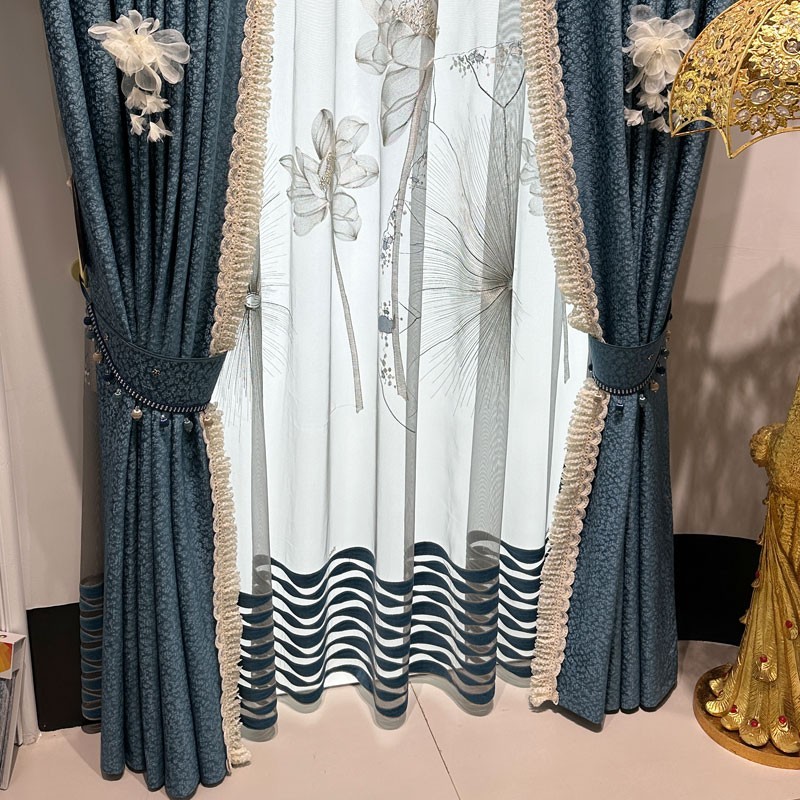 Custom French Embroidery cloth blue lace Velvet curtain valance tulle M1799