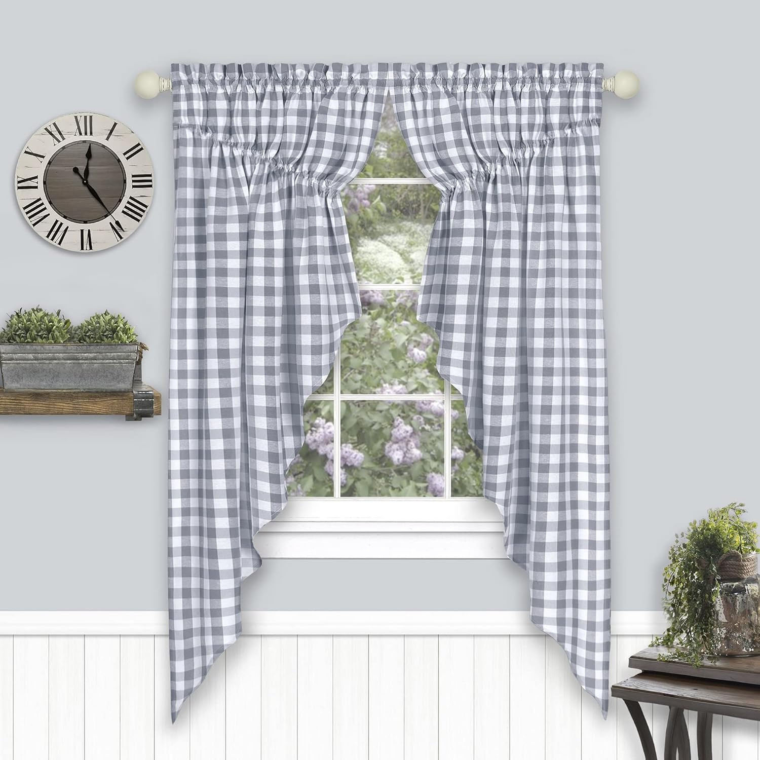 Buffalo Check Gathered Swag Window Curtain Pair – 72 Inch Width, 63 Inch Length