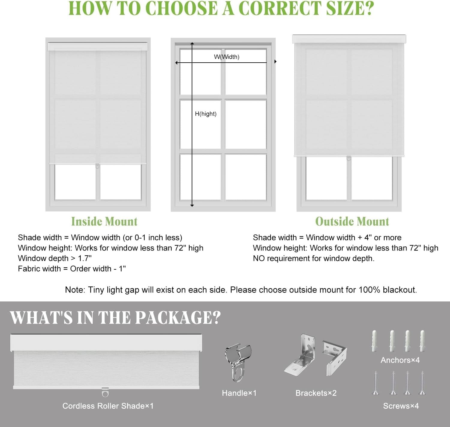 Free-Stop Cordless Roller Shades with Valance 100% Blackout White 34×72